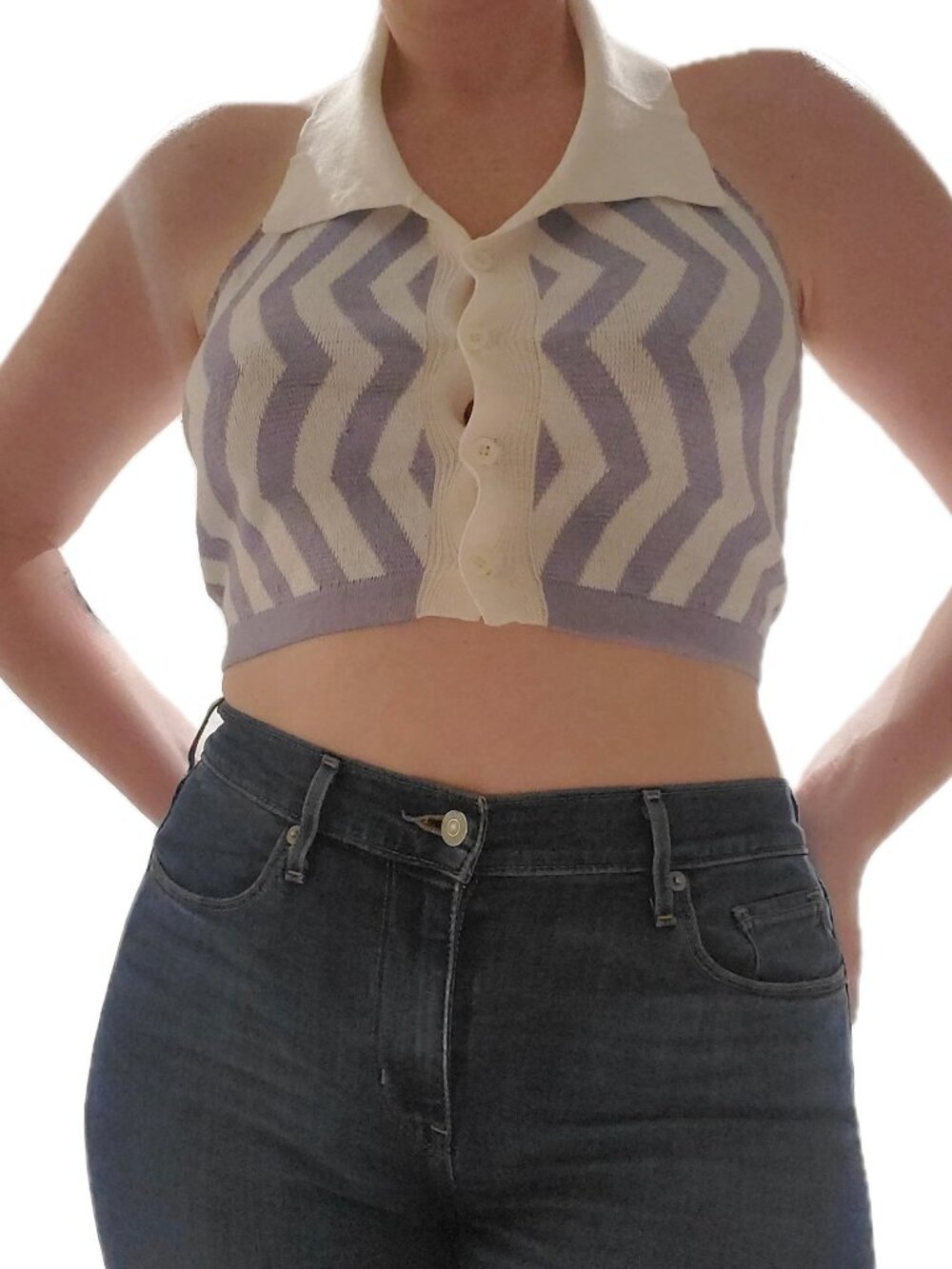 Jolie & Joy Lavender White Zigzag Collared Crop Sweater Medium